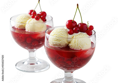 Wallpaper Mural Two dessert glasses filled with cherries, jelly, and ice cream, garnished with fresh red currants on transparent background Torontodigital.ca