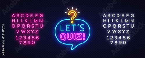 Lets quiz glowing bubble with font pack. Vector design includes speech shape, question mark and full alphabet set in neon style. Best for fun games