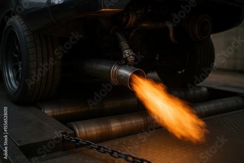 Tuned car expelling flames from exhaust pipe during dyno test