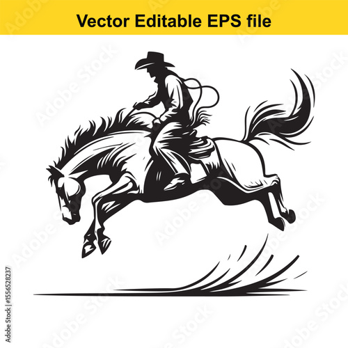 Black and White Silhouette of a Cowboy Riding a Leaping Horse with Lasso in Hand Artistic Rendering