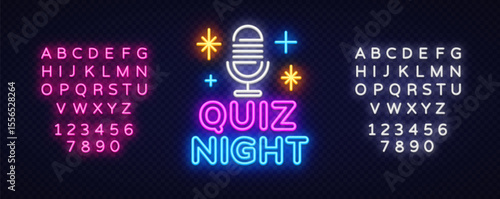 Classic microphone icon in glowing white, surrounded by stars, with bold text QUIZ NIGHT below.