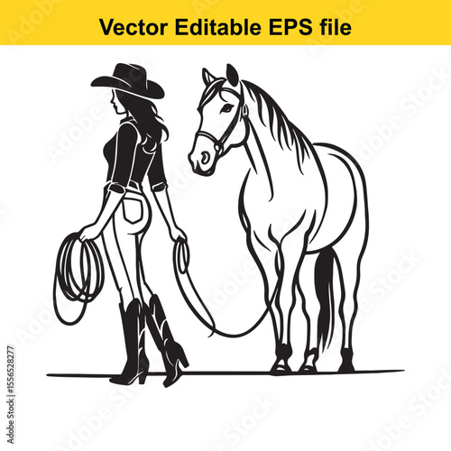 Stylized Cowgirl Illustration with a Horse Depicting Western Fashion and Equestrian Lifestyle in a Black and White Minimalist Design