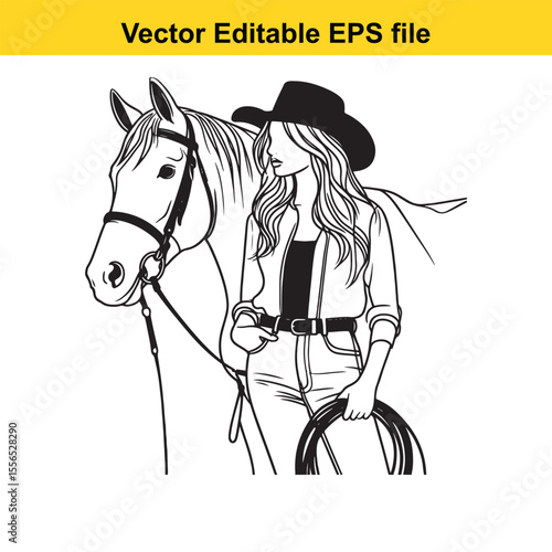 Stylized Cowgirl Illustration with a Horse Depicting Western Fashion and Equestrian Lifestyle in a Black and White Minimalist Design
