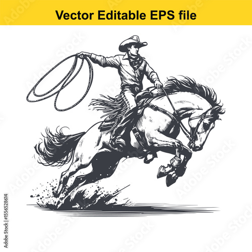 Black and White Silhouette of a Cowboy Riding a Leaping Horse with Lasso in Hand Artistic Rendering