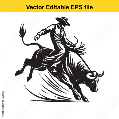 Black and White Silhouette of a Cowboy Riding a Leaping bull with Lasso in Hand Artistic Rendering