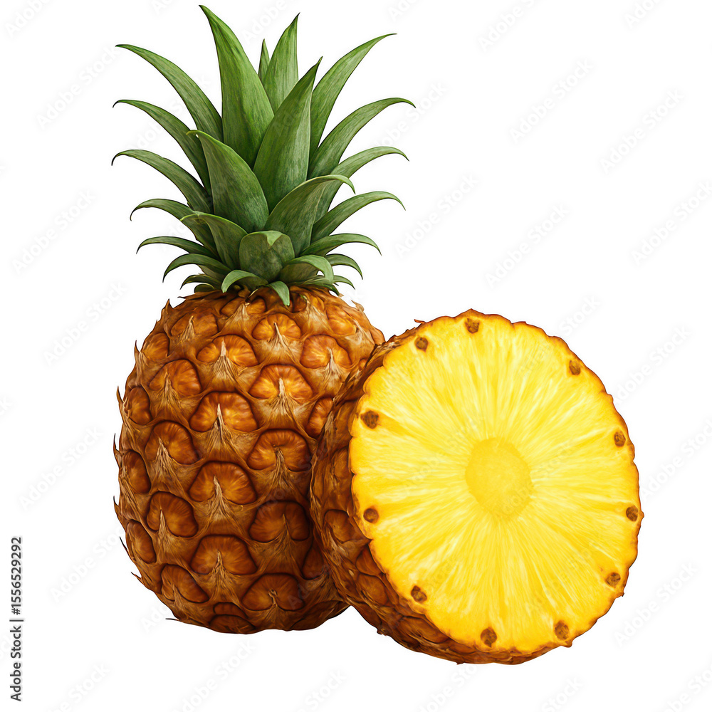 Whole and halved ripe pineapple with green leaves isolated on transparent background Whole and halved ripe pineapple with green leaves isolated on transparent background