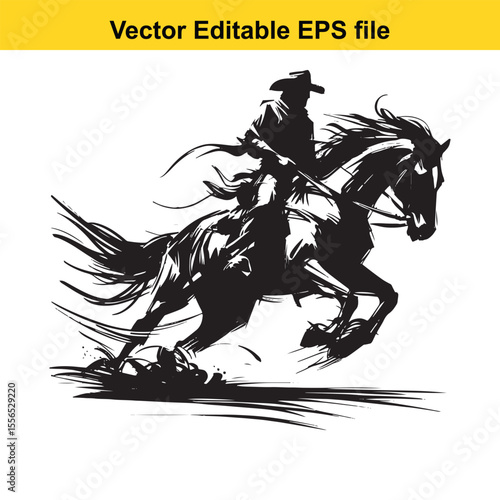 Black and White Silhouette of a Cowboy Riding a Leaping Horse with Lasso in Hand Artistic Rendering