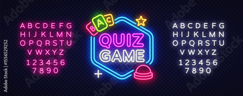 Game vector label with cards and buzzer. Neon word QUIZ GAME in hexagon shape, glowing alphabet and numbers on dark transparent background