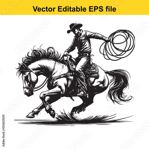 Black and White Silhouette of a Cowboy Riding a Leaping Horse with Lasso in Hand Artistic Rendering
