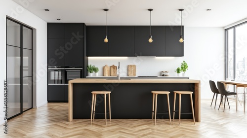 Modern kitchen with black cabinets and wooden countertop