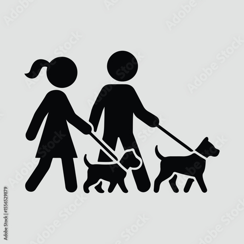 Silhouette of people walking two dogs on leash Vector illustration