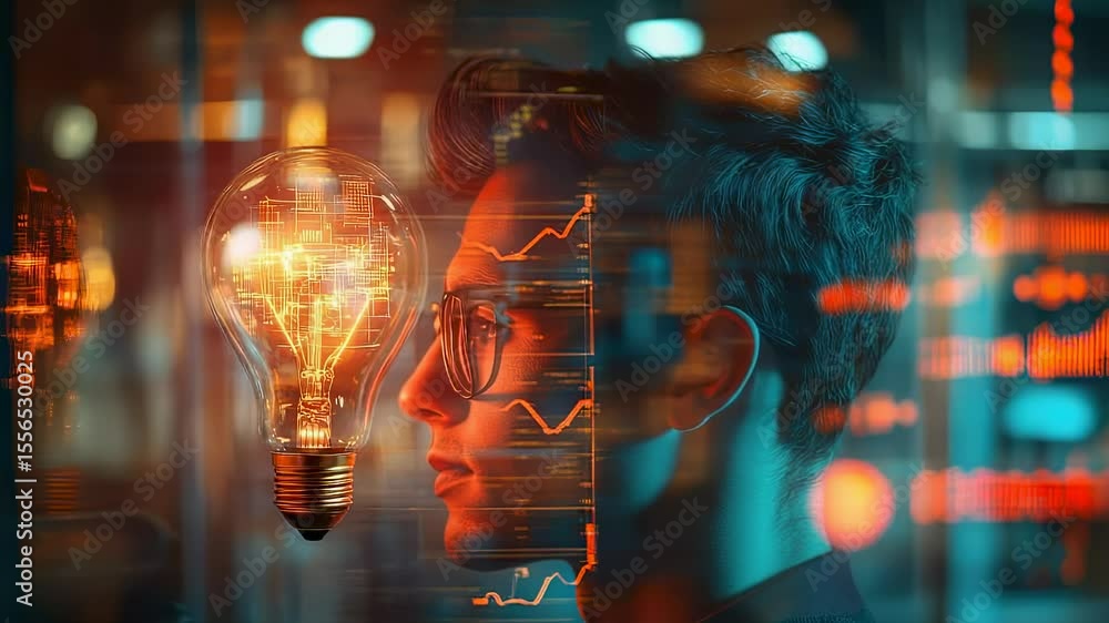 Conceptual image of a man with an idea, represented by a glowing lightbulb and financial data overlayed Conceptual image of a man with an idea, represented by a glowing lightbulb and financial data overlayed