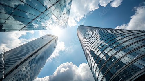 Modern glass skyscrapers reaching towards a bright blue sky with clouds