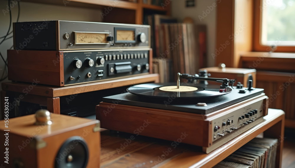 Fototapeta premium Vintage audio equipment with vinyl records. Turntable, amplifiers and wooden speakers creating retro atmosphere. Nostalgia for music lovers. Old sound tech, stereo for audiophiles.
