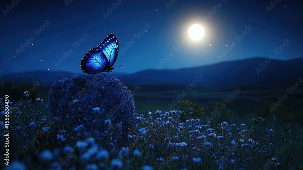 Fototapeta premium A luminous butterfly rests on a rock under a night sky.