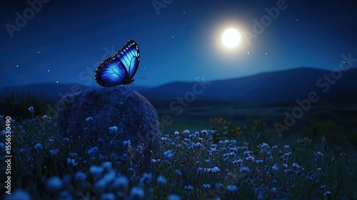 A luminous butterfly rests on a rock under a night sky.