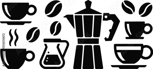 A black and white illustration of coffee cups beans and a coffee maker on a beige background art design