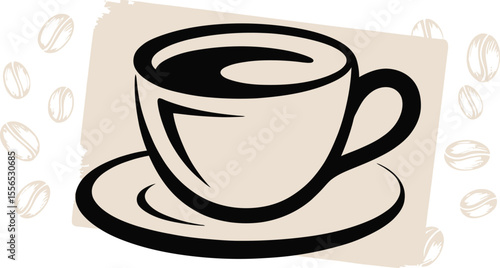 A graphic illustration of a coffee cup and saucer with coffee beans scattered around it on beige background