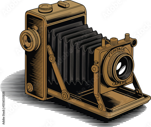 Illustration of a vintage folding camera with bellows on a white background in a detailed style