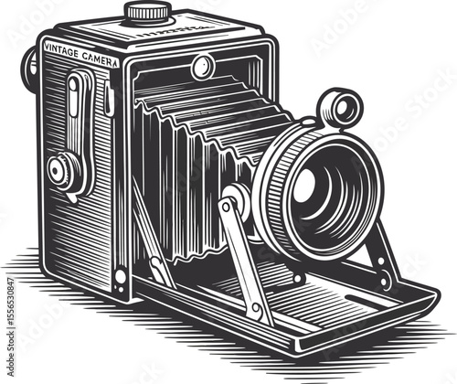 Illustration of an antique bellows camera with intricate details and a textured background style