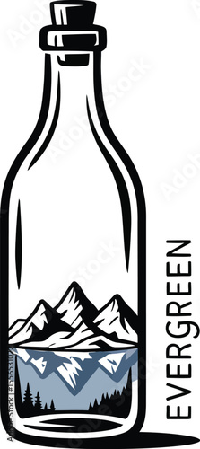 Bottle containing a mountain landscape with evergreen text on a white background illustration
