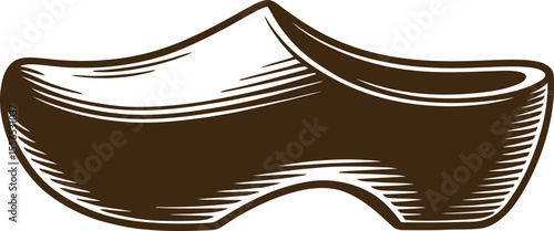 A brown wooden clog illustration with detailed line work on a plain light background in a studio shot