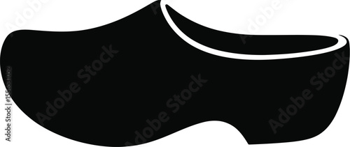 A solid black silhouette of a traditional dutch wooden shoe or clog isolated on a white background
