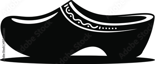 A black wooden clog with white decorative elements isolated on a white background in a simple style