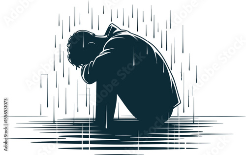 Silhouette of a crouched man in rain with city background depicting sadness and loneliness concept