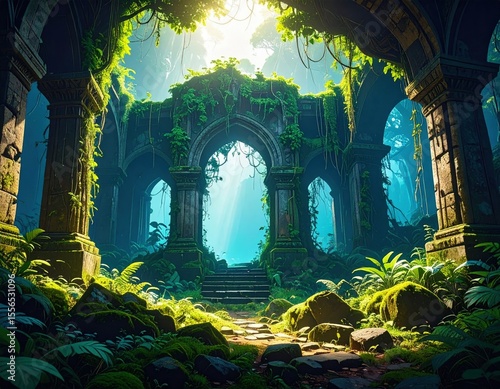 Sunlit, overgrown ruins in jungle