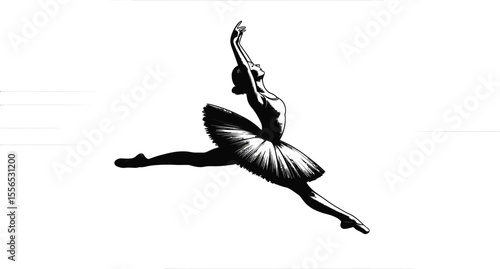 Illustration of a ballerina in a leap with arms raised wearing a tutu on a white textured background