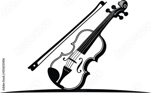 A minimalist black and white illustration of a violin with its bow resting on a white background