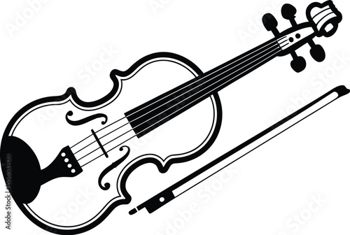 A black and white graphic of a violin with a bow isolated on a white plain background image art