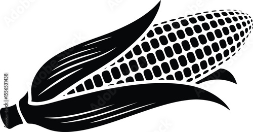A black and white illustration of an ear of corn with husks on a plain white background design art