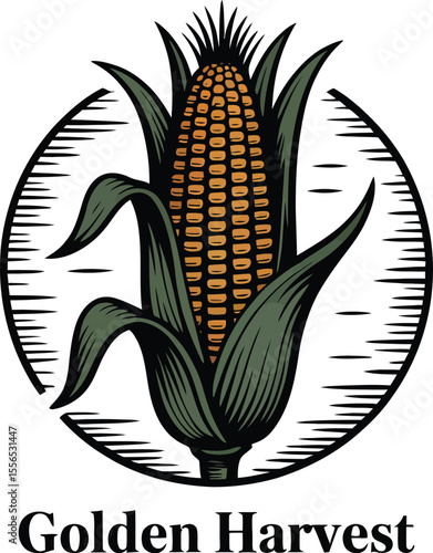 Illustration of an ear of corn with leaves inside a circle with golden harvest text below it