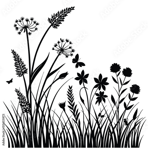 Black Silhouette Meadow Flowers Long Grass Border Botanical Illustration vector