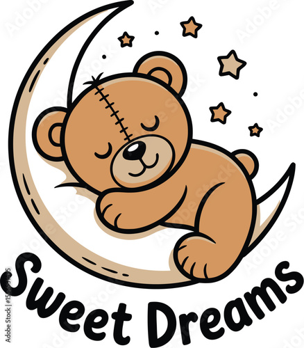 A cartoon teddy bear sleeping on a crescent moon with stars and the words sweet dreams below it all