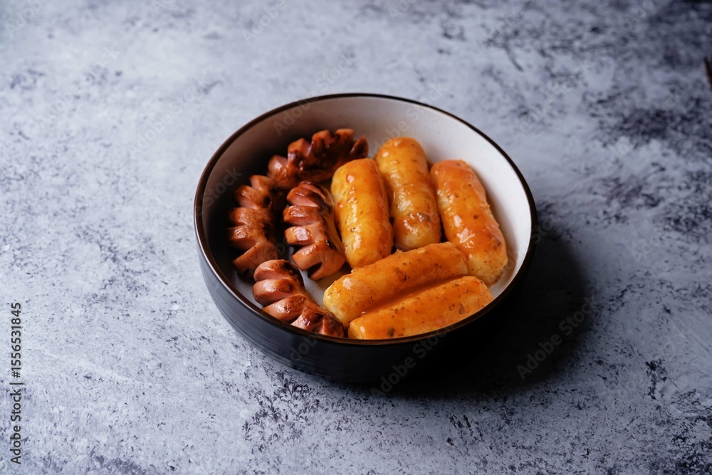 Fototapeta premium Fried sausages with spicy tomato sauce teokbokki, tokpokki in a bowl