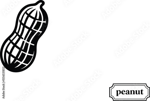 A simple graphic of a peanut in black and white with a label that says peanut in the lower right corner