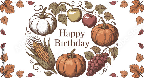 Happy birthday card with pumpkins apples grapes corn and autumn leaves in a decorative frame design