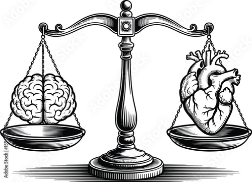Illustration of a balance scale with a brain and a heart representing the balance of logic and emotion