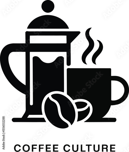 A graphic illustration of a french press, coffee cup, and coffee beans against a neutral backdrop