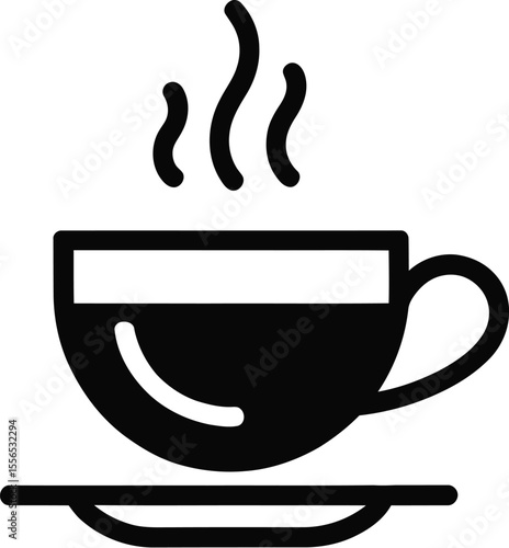 A simple black line drawing of a steaming cup of coffee on a saucer against a beige background plain design