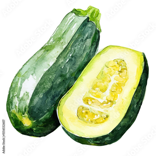 Zucchini Slice, watercolor clipart vector, isolated on a white background.