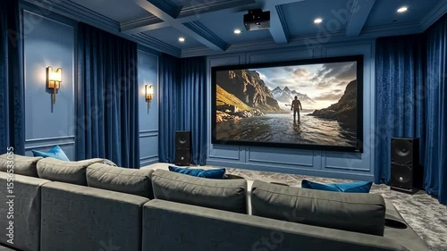 Modern home theater room with large screen and comfortable seating