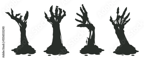 Halloween spooky monsters hands. Zombie arms sticking out of ground, bony zombie hands silhouettes flat vector illustration set. Living dead characters crawl out of graves