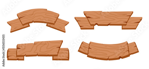 Wooden ribbons signs. Rustic sign boards and blank ribbon planks, wood ribbon planks, vintage curved banners flat vector illustration set. Cartoon wooden ribbons