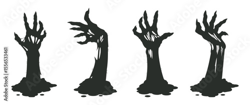 Zombie arms sticking out of ground. Living dead characters crawl out of graves, creepy Halloween spooky monsters hands flat vector illustration set. Bony zombie hands silhouettes