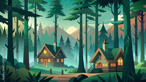 Tall pines stretch high through misty air in a deep green forest. Timber houses with flowered windows peek out between the trees like fairy tale dwellings.