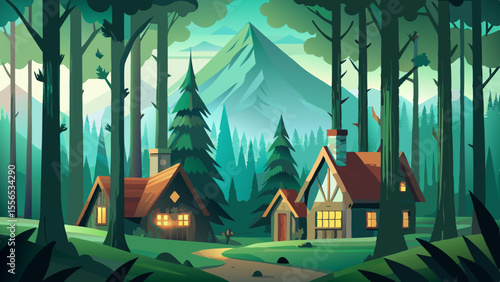 Tall pines stretch high through misty air in a deep green forest. Timber houses with flowered windows peek out between the trees like fairy tale dwellings.